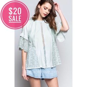 🔥 SALE POL Blue Sage Cold Shoulder Bell Sleeve Blouse Top